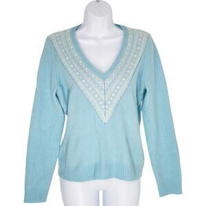 Ann Taylor Angora Sweater Light Blue Pullover Fair Isle Print Medium